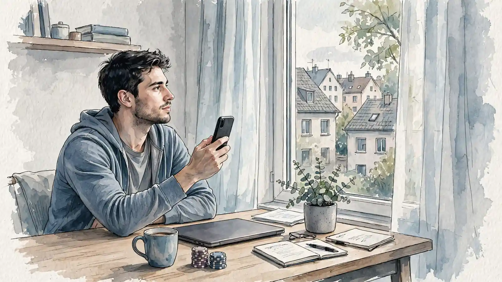 Person in moderner deutscher Wohnung am Schreibtisch mit Smartphone und Pokerchips, Bildschirm abgewandt