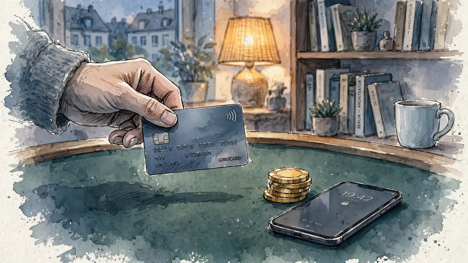 Hand mit kontaktloser Bankkarte über Spieltisch mit Casino-Chips und Smartphone in deutscher Wohnung