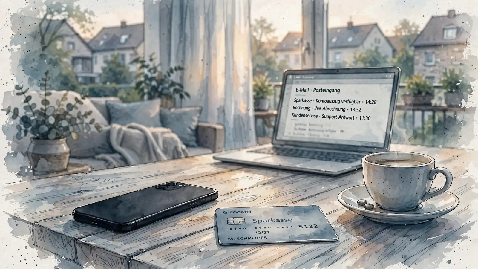 Smartphone und Bankkarte auf einem Tisch im Wohnzimmer