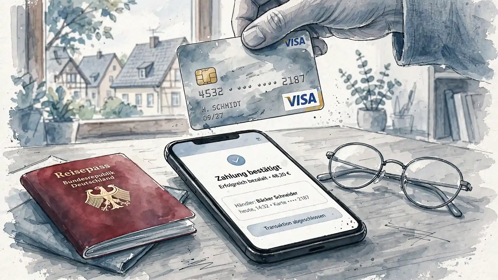 Visa-Kreditkarte über einem Smartphone auf einem Schreibtisch mit Reisepass