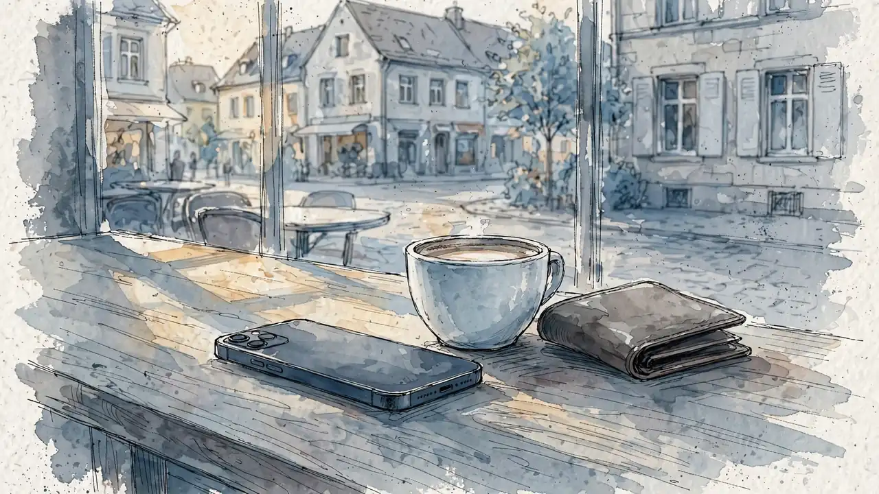 Smartphone mit verdecktem Bildschirm auf einem Tisch in einem deutschen Café