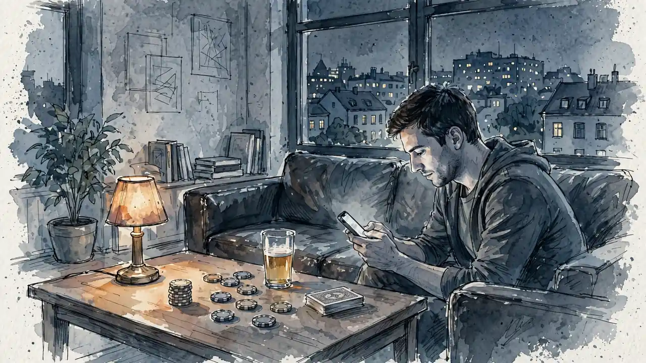 Junger Mann in Berliner Wohnung mit Smartphone und Pokerchips