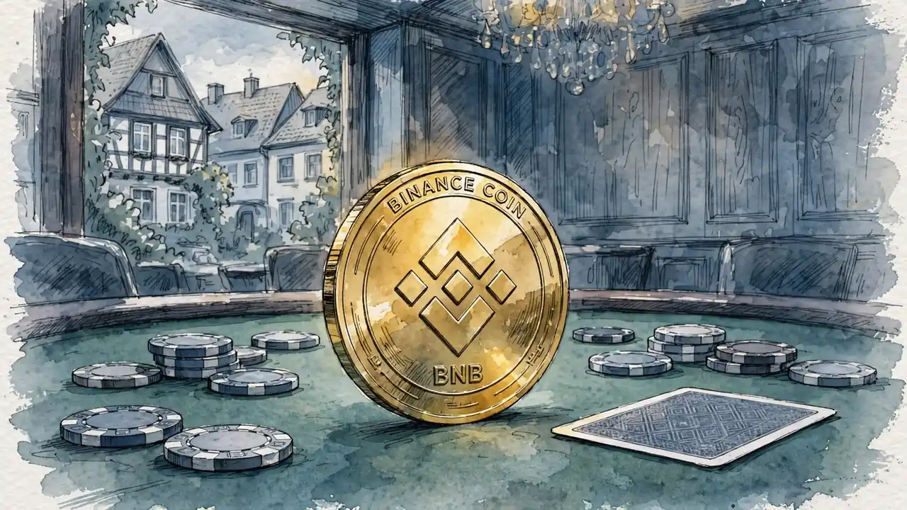 Binance Coin auf einem Casino-Tisch mit Pokerchips und Spielkarte