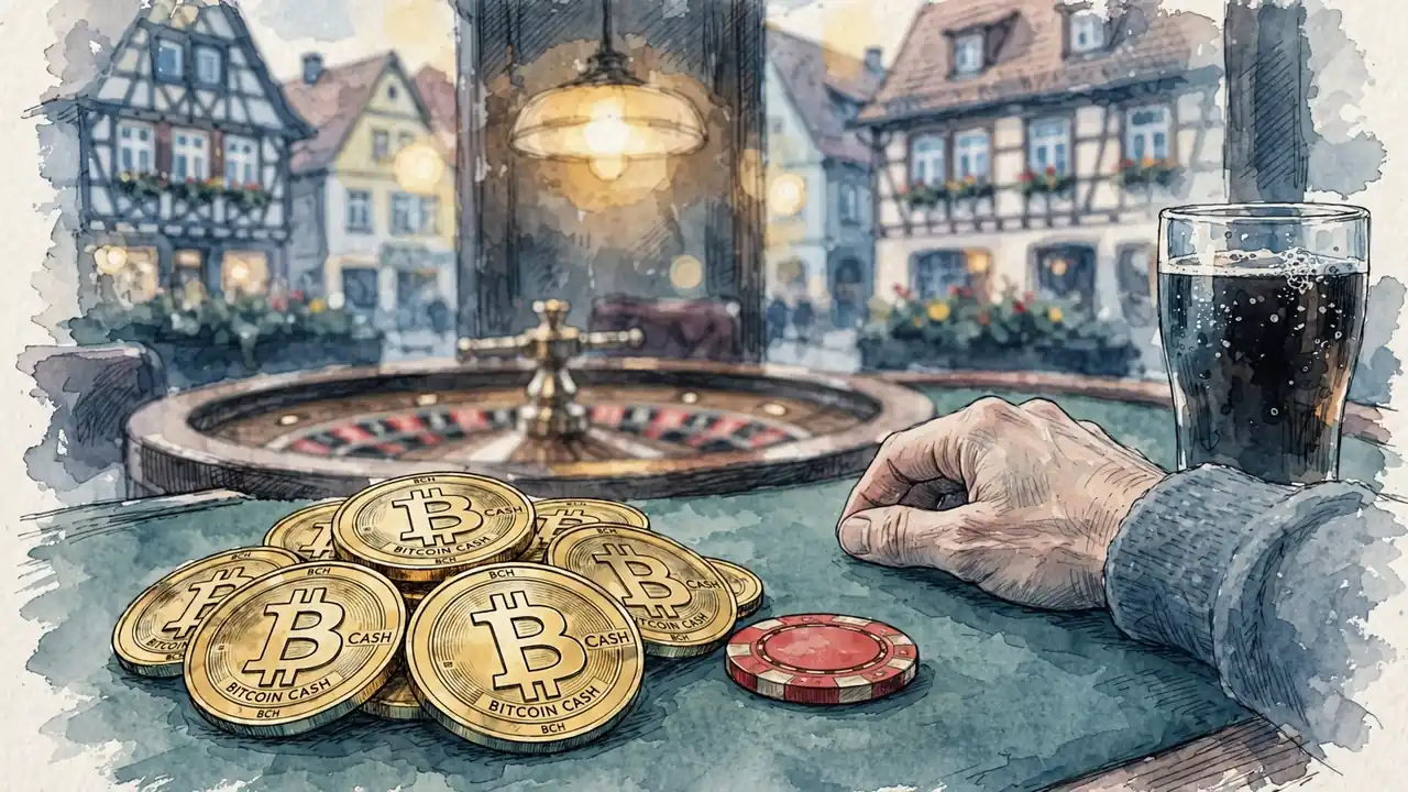 Bitcoin-Cash-Münzen und Casino-Chip auf grünem Spieltisch
