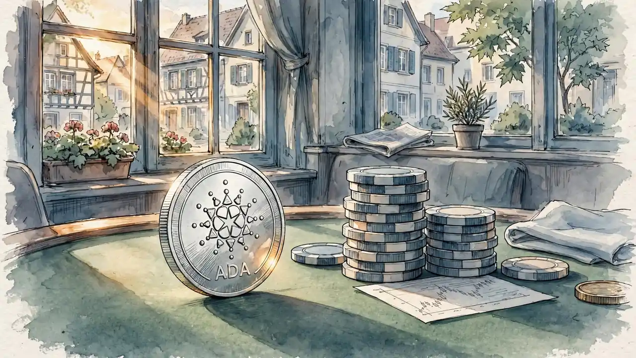 ADA-Münze neben Casino-Chips auf grünem Filztisch