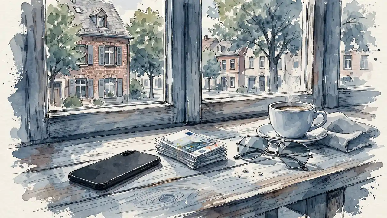 Smartphone auf einem Café-Tisch mit Euro-Scheinen, Tasse und Sonnenbrille, deutsche Altstadt im Hintergrund.