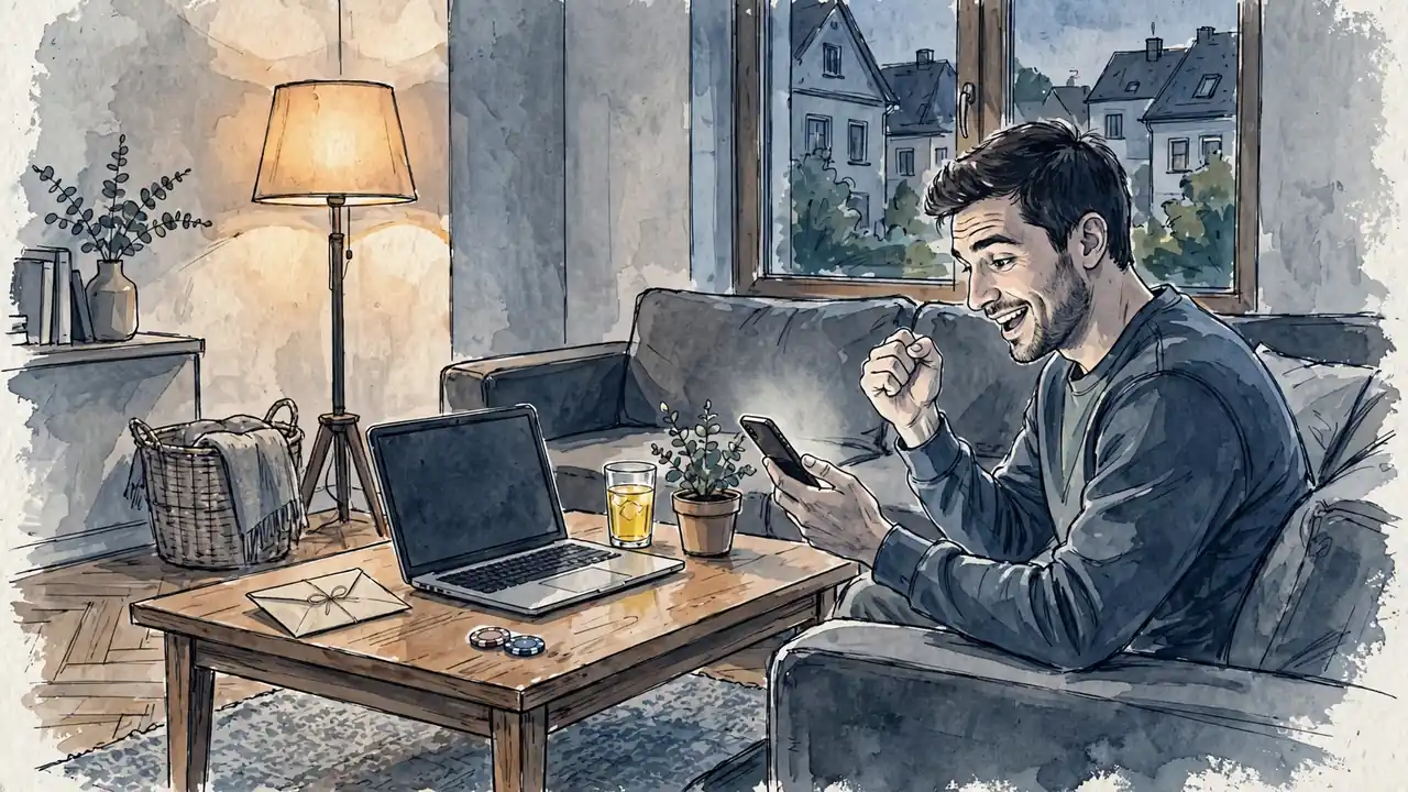 Junger Mann entspannt auf der Couch mit Smartphone bei abendlicher Wohnzimmerbeleuchtung.