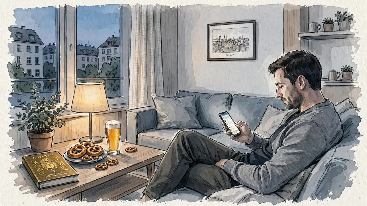 Mann auf Sofa mit Smartphone, Bier und Bretzeln in deutscher Wohnung