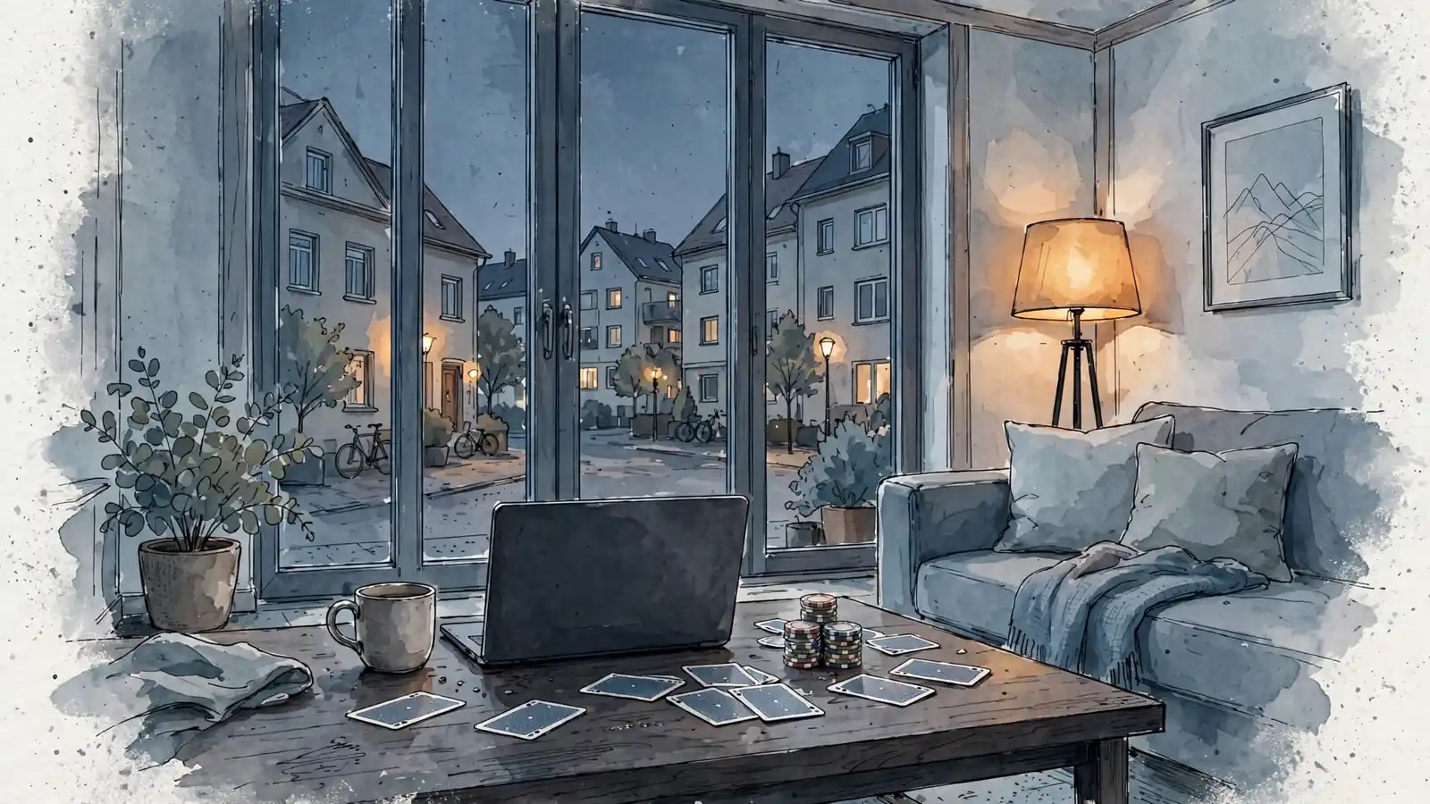 Gemütliches deutsches Wohnzimmer am Abend mit geschlossenem Laptop, Pokerchips und Spielkarten auf dem Tisch