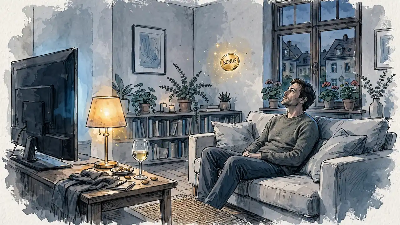 Abendliche Szene in einem deutschen Wohnzimmer mit warmem Licht und angedeutetem Bonus-Symbol.