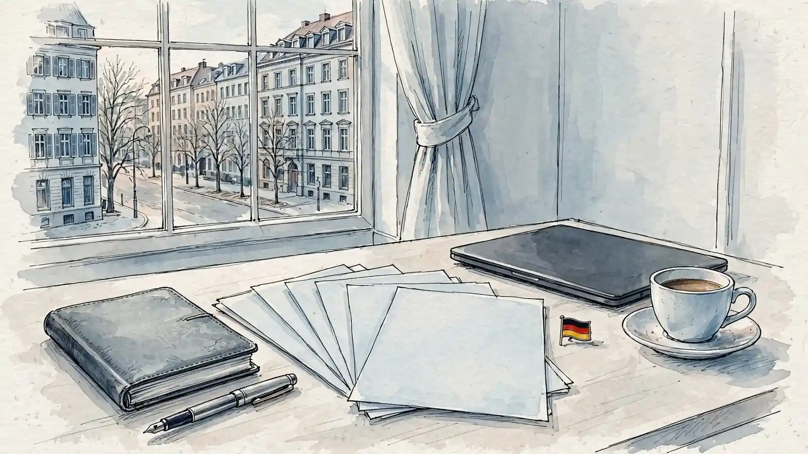 Schreibtisch mit Notizbuch, Stift, Tasse und Aktenmappen in Berliner Altbauwohnung