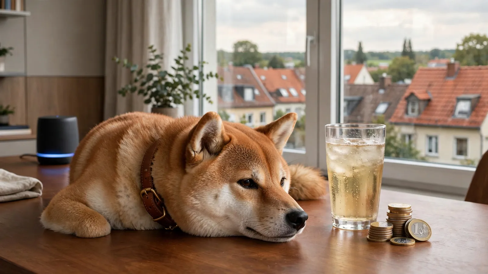 Shiba Inu Hund auf Tisch mit Bierglas und Euro-Münzen