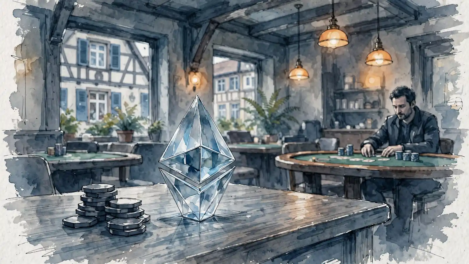 Stilles Casino-Interieur mit Holztisch, Ethereum-Skulptur und Spielchips