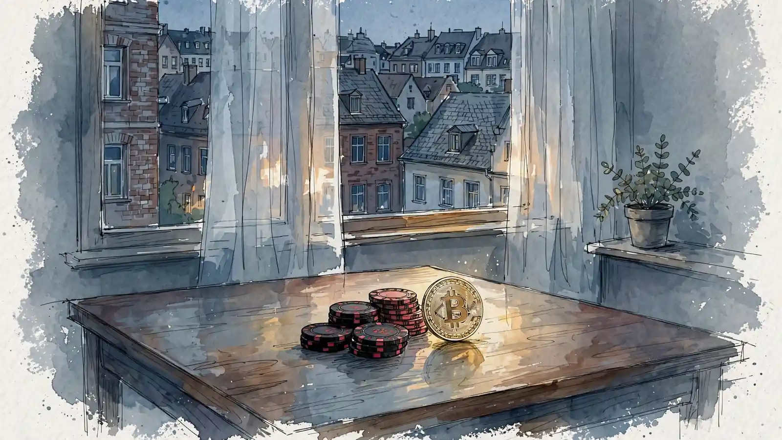 Casino-Chips und Bitcoin-Münze auf einem Tisch in einem deutschen Zimmer bei Abendlicht.