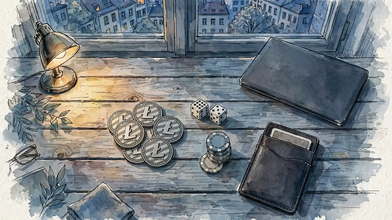 Litecoin-Münzen, Spielchips und Würfel auf einem Holztisch in einer Berliner Wohnung