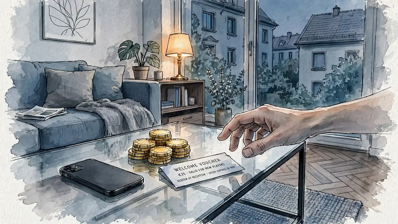 Hand mit Casino-Chips und Willkommensgutschein auf dem Tisch bei Abendlicht.