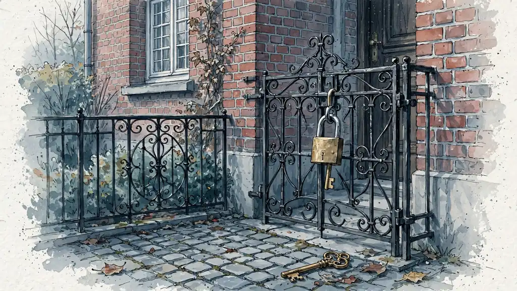 Geöffnetes Vorhängeschloss an schmiedeeisernem Tor vor einem deutschen Backsteingebäude