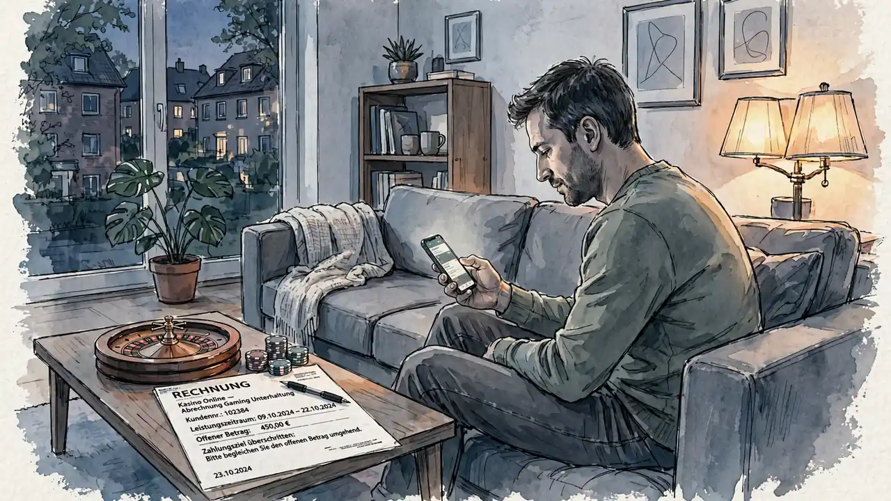 Abendliche Szene im Wohnzimmer mit Smartphone, Casino-Chips und Rechnung
