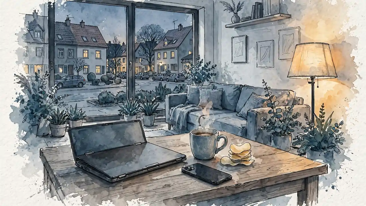 Deutsches Wohnzimmer mit Laptop auf dem Couchtisch bei Abendlicht