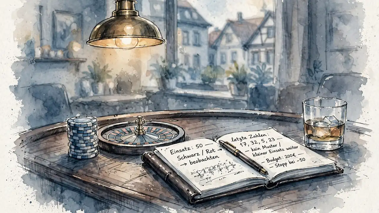 Casinotisch mit Jetons, Roulettekessel und Notizbuch mit Bonusbedingungen