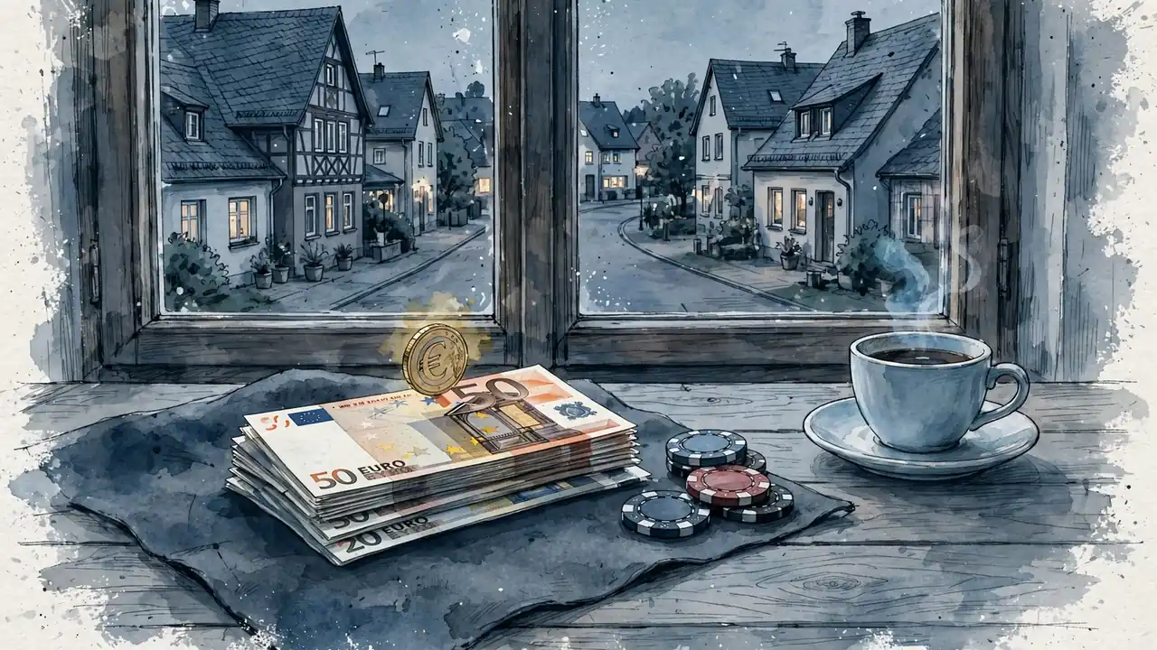 Euro-Scheine und Casino-Chips auf Filz, daneben eine Tasse Kaffee am Fenster einer deutschen Kleinstadt.