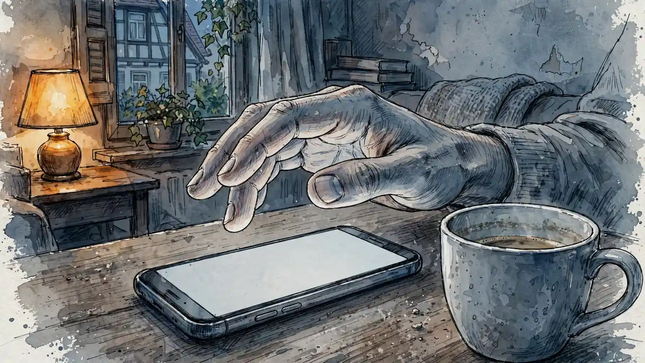 Hand über Smartphone auf Tisch, kurze Pause vor dem nächsten Spiel.