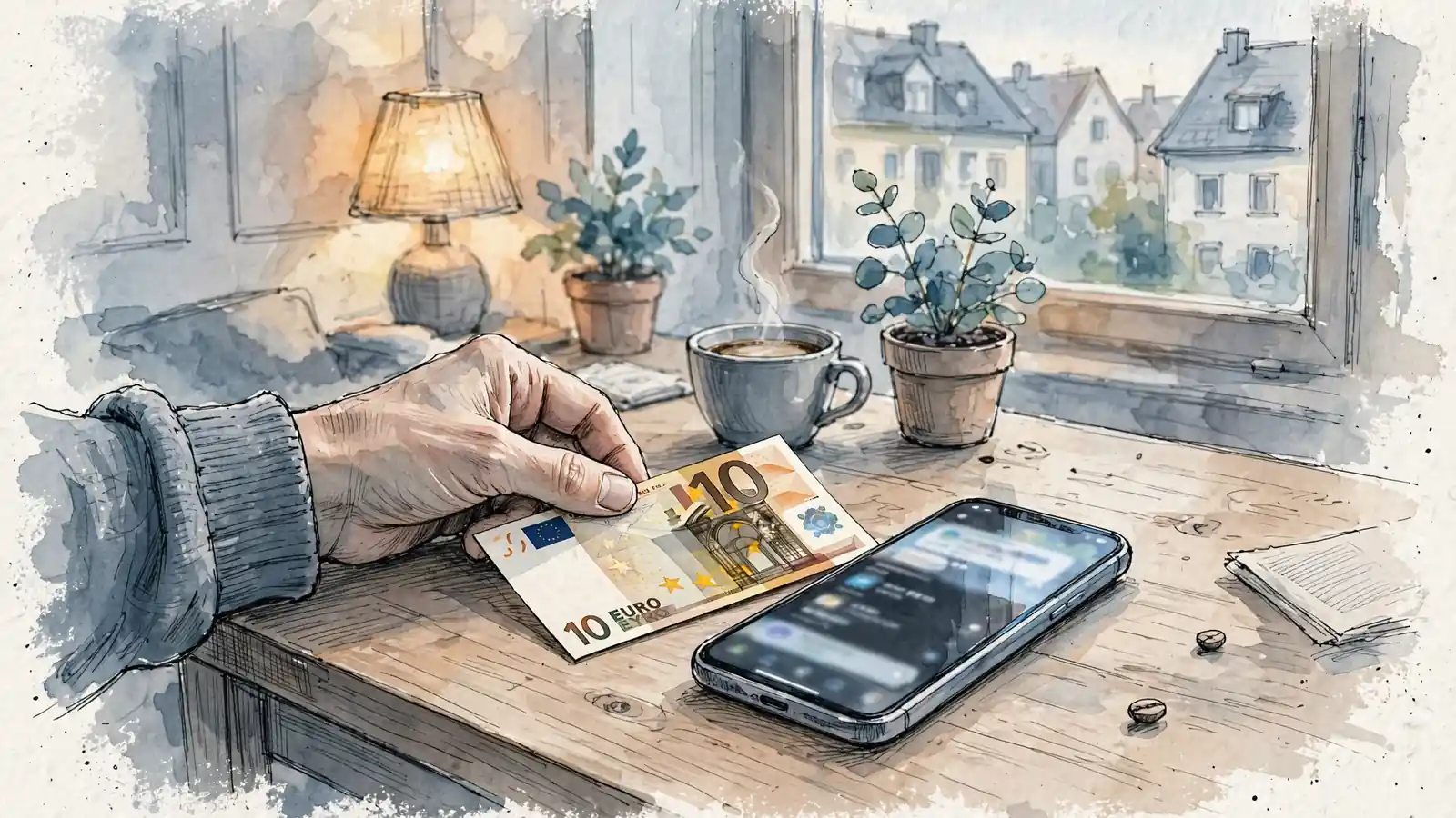 Eine Hand legt einen 10-Euro-Schein neben ein Smartphone auf einen Schreibtisch.
