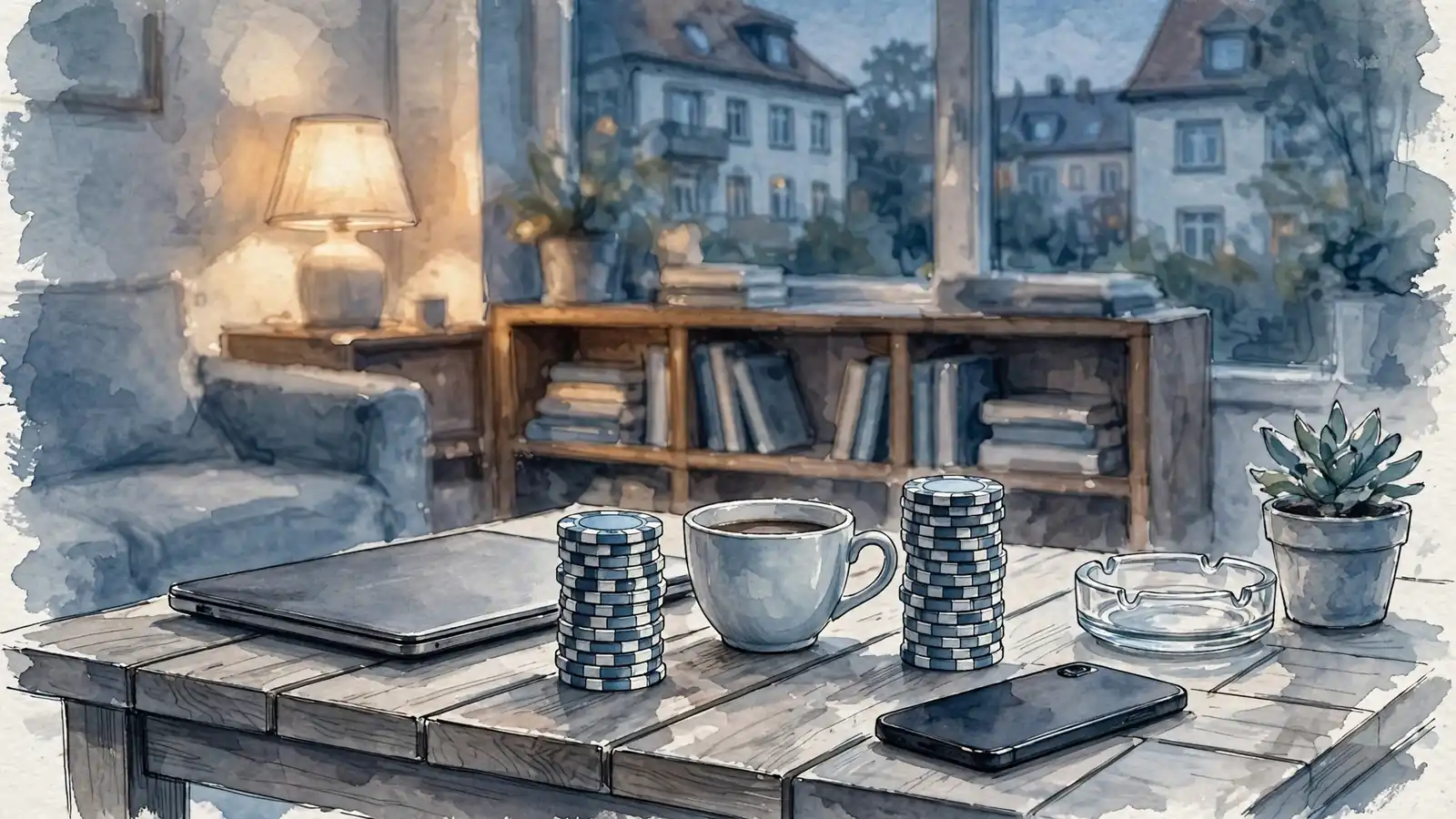 Modernes deutsches Wohnzimmer mit geschlossenem Laptop, zwei Stapel Casinochips und Kaffeetasse auf dem Tisch bei warmem Abendlicht.