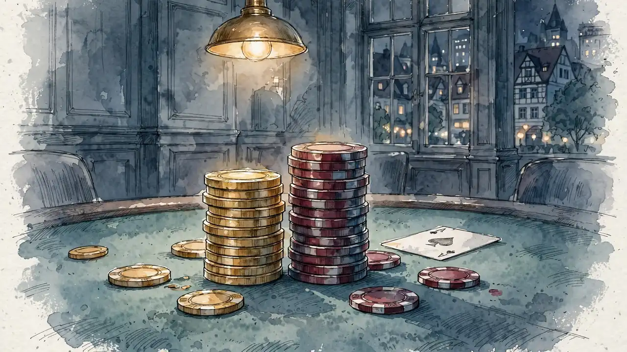 Zwei gleich hohe Stapel Casino-Chips auf einem grünen Spieltisch