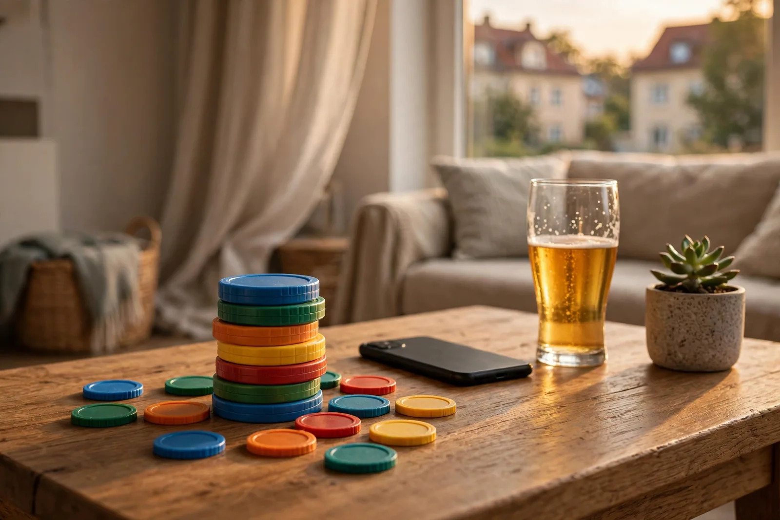 Stapel Casino-Chips neben Smartphone auf Couchtisch in deutschem Wohnzimmer