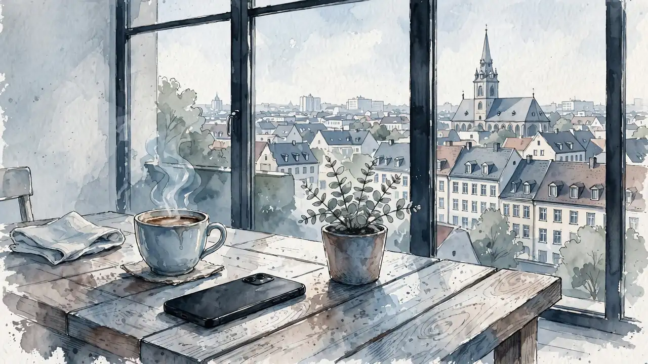 Smartphone auf einem Tisch in einer hellen Wohnung mit Blick auf eine deutsche Stadt.