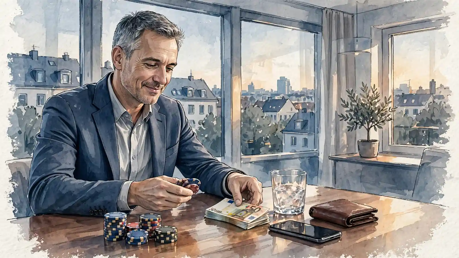 Mann in moderner deutscher Wohnung zählt Casino-Chips am Tisch
