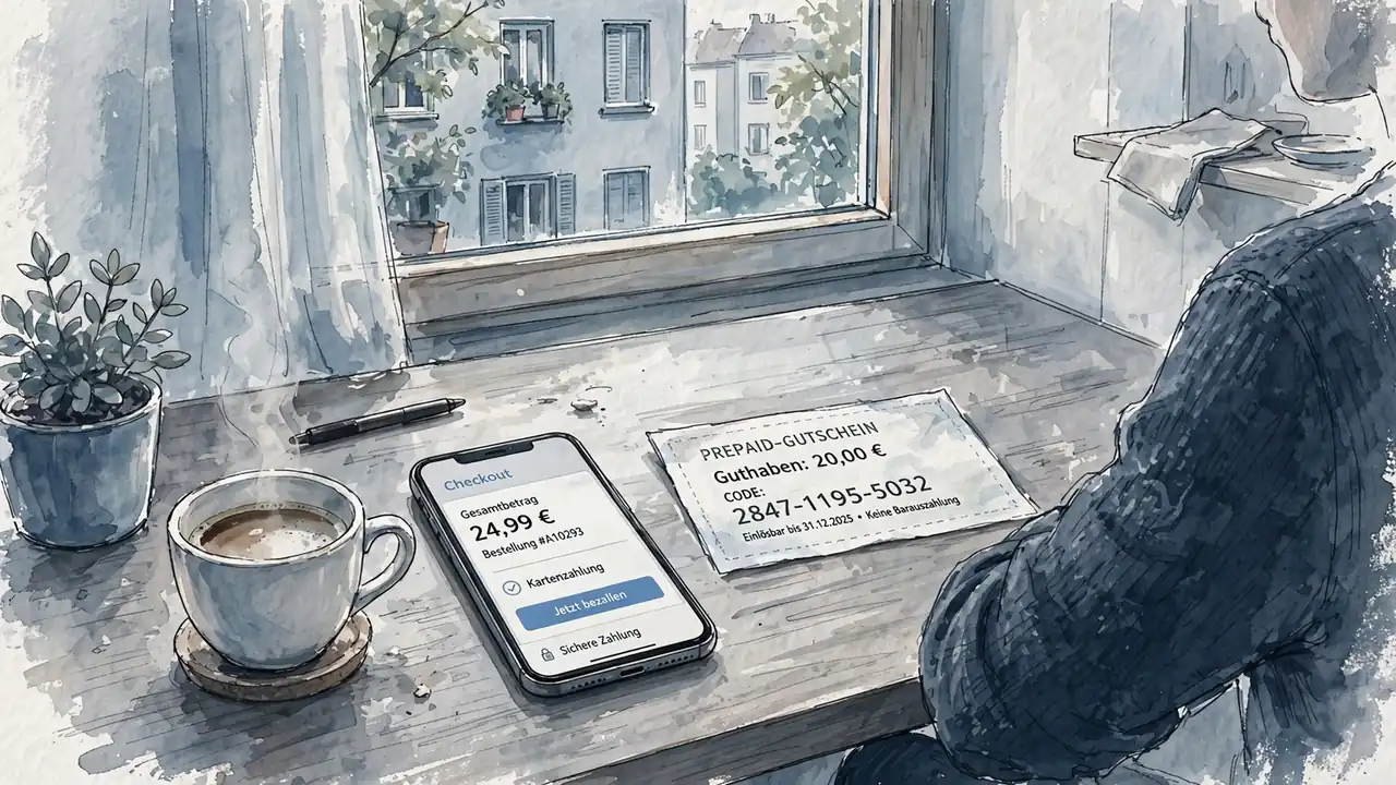 Smartphone und Prepaid-Gutschein auf Schreibtisch bei Tageslicht