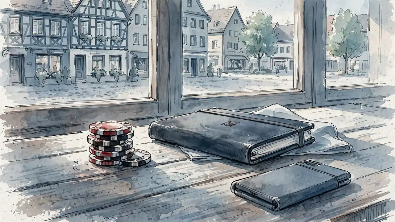 Casino-Chips und ein Smartphone auf einem Tisch in einem deutschen Café.
