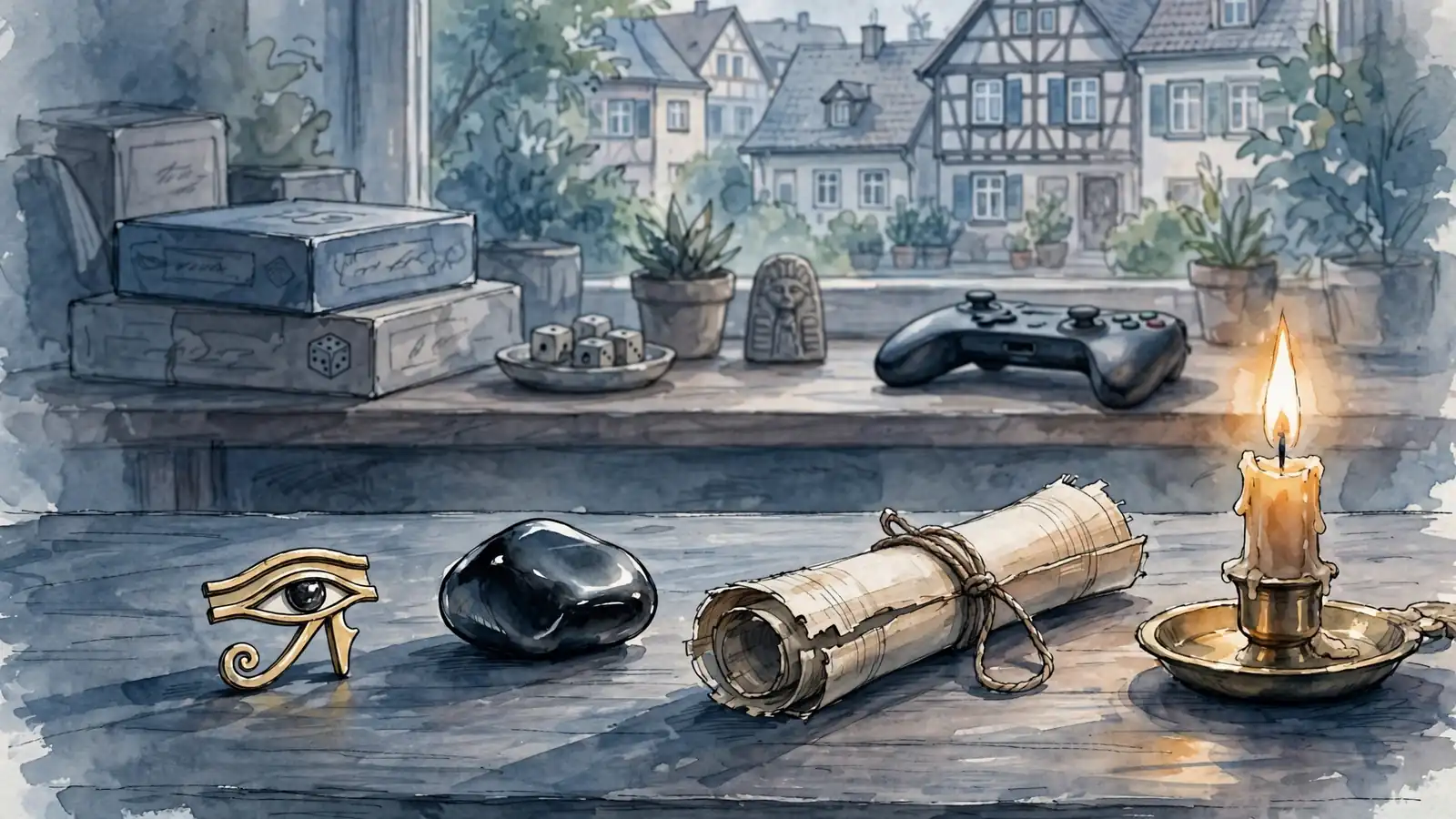 Ägyptisches Horusauge-Amulett auf Holztisch mit Kerzenlicht