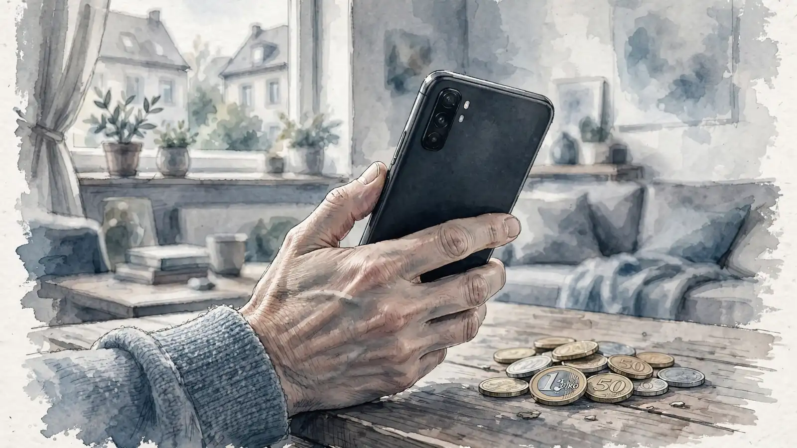 Hand hält Smartphone neben Euromünzen auf Holztisch