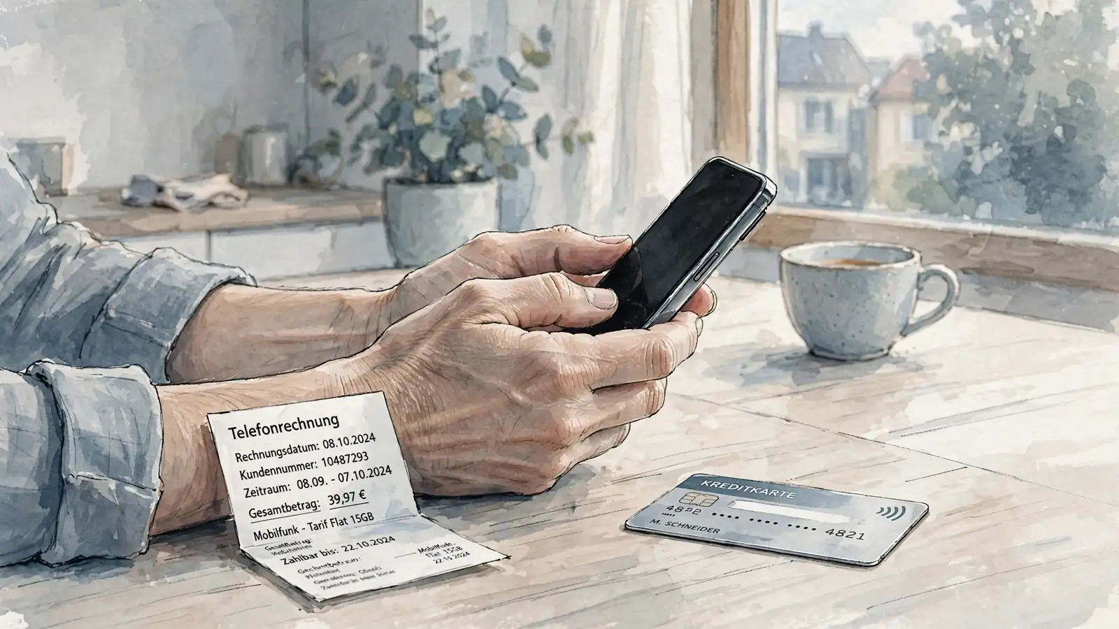 Hände halten ein Smartphone über einem Tisch mit Handyrechnung, Kreditkarte und Kaffeetasse