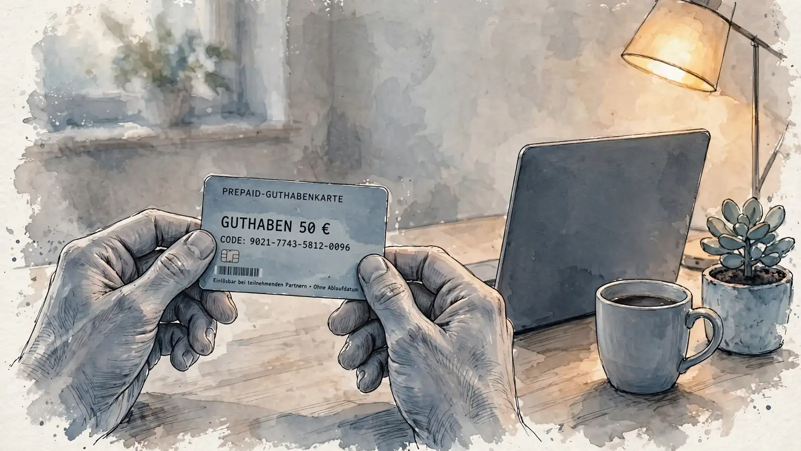 Hände halten einen Prepaid-Gutschein neben einem zugeklappten Laptop auf einem Schreibtisch im Wohnzimmer.