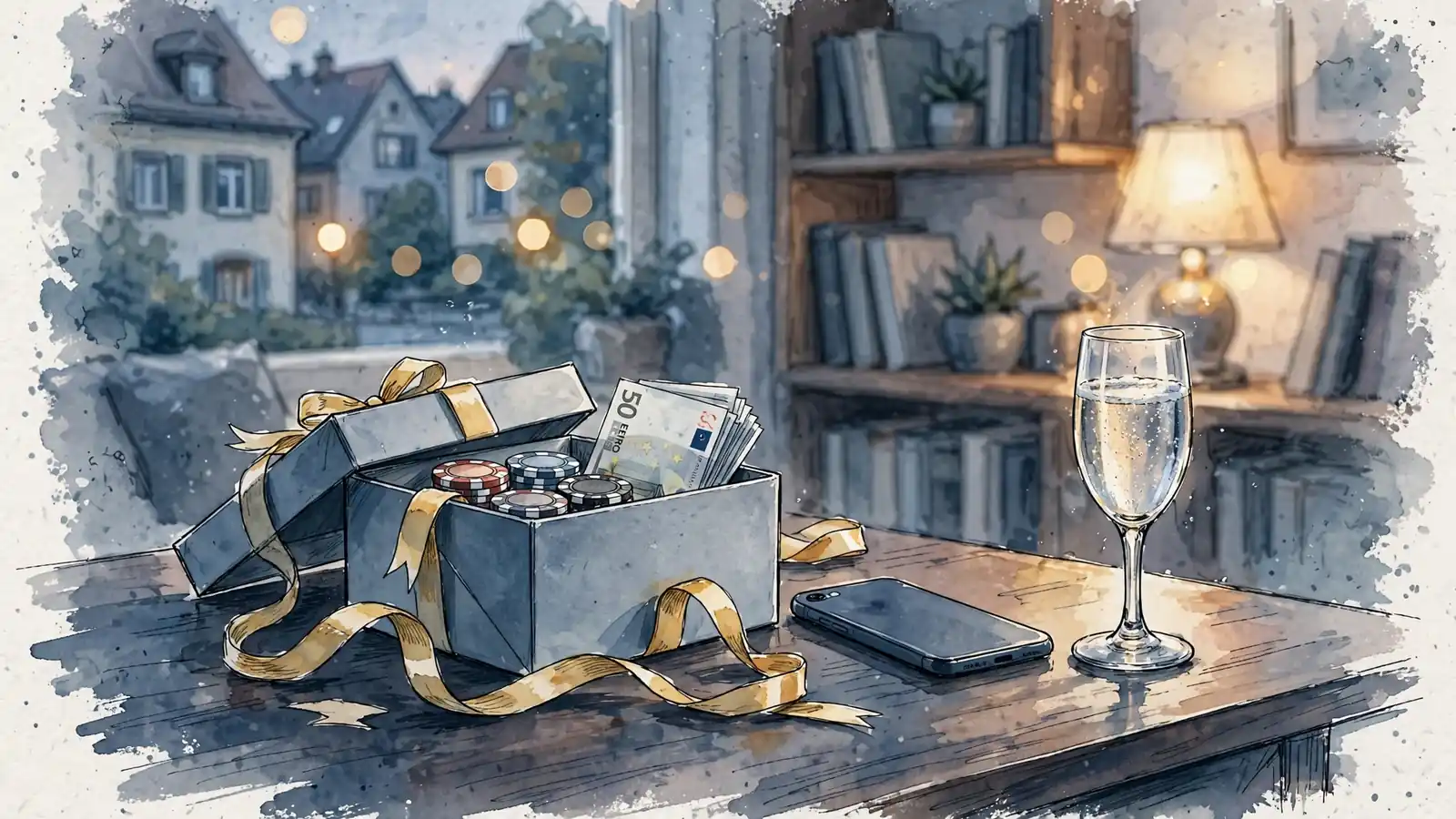 Eine offene Geschenkbox mit Casino-Chips und Euro-Scheinen auf einem Schreibtisch