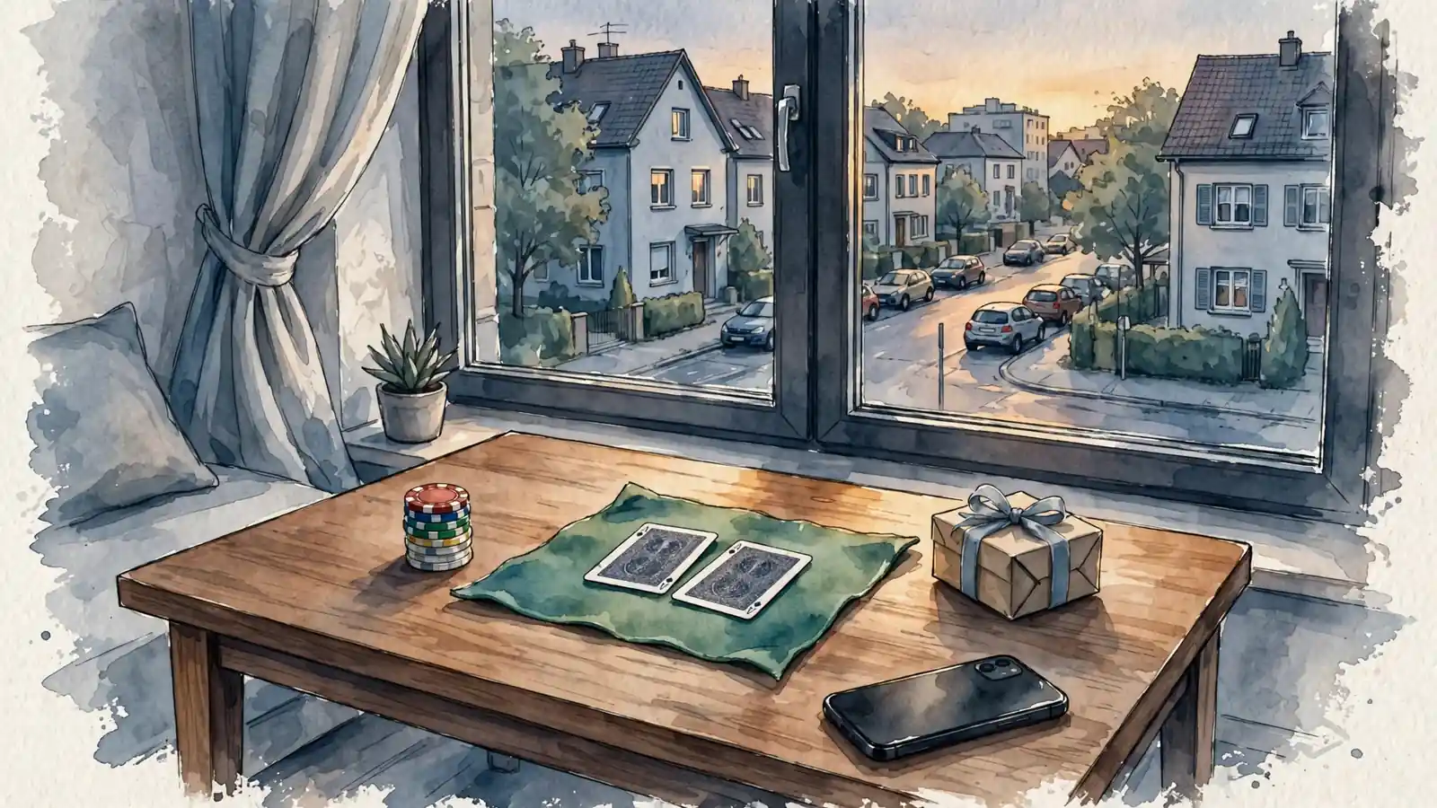 Gemütliches Wohnzimmer mit Pokerchips, Spielkarten und Geschenk auf dem Tisch.