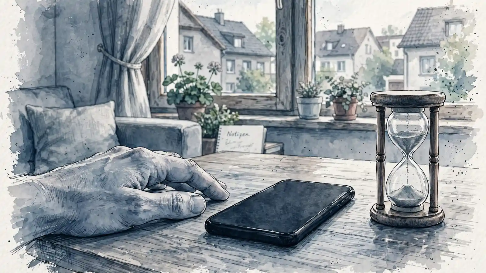 Smartphone mit Sanduhr auf einem Tisch in einem deutschen Wohnzimmer