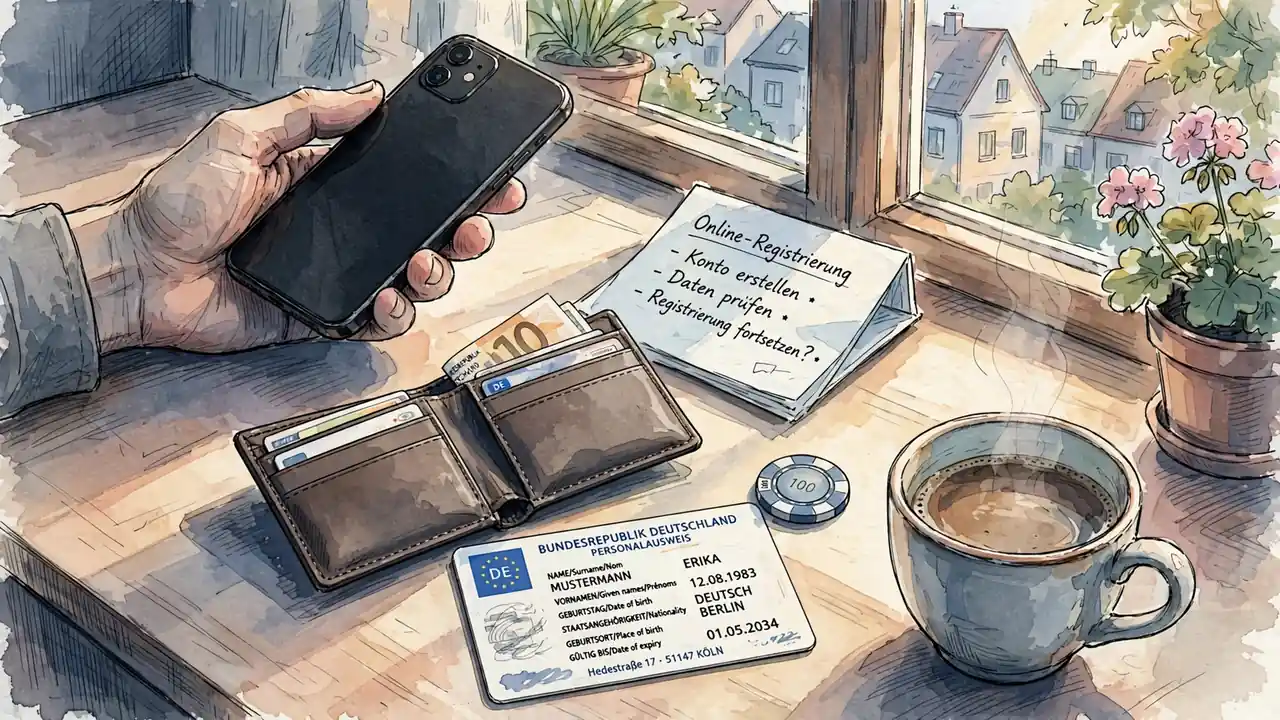 Hand mit Smartphone über Schreibtisch, daneben Personalausweis und Spielchip