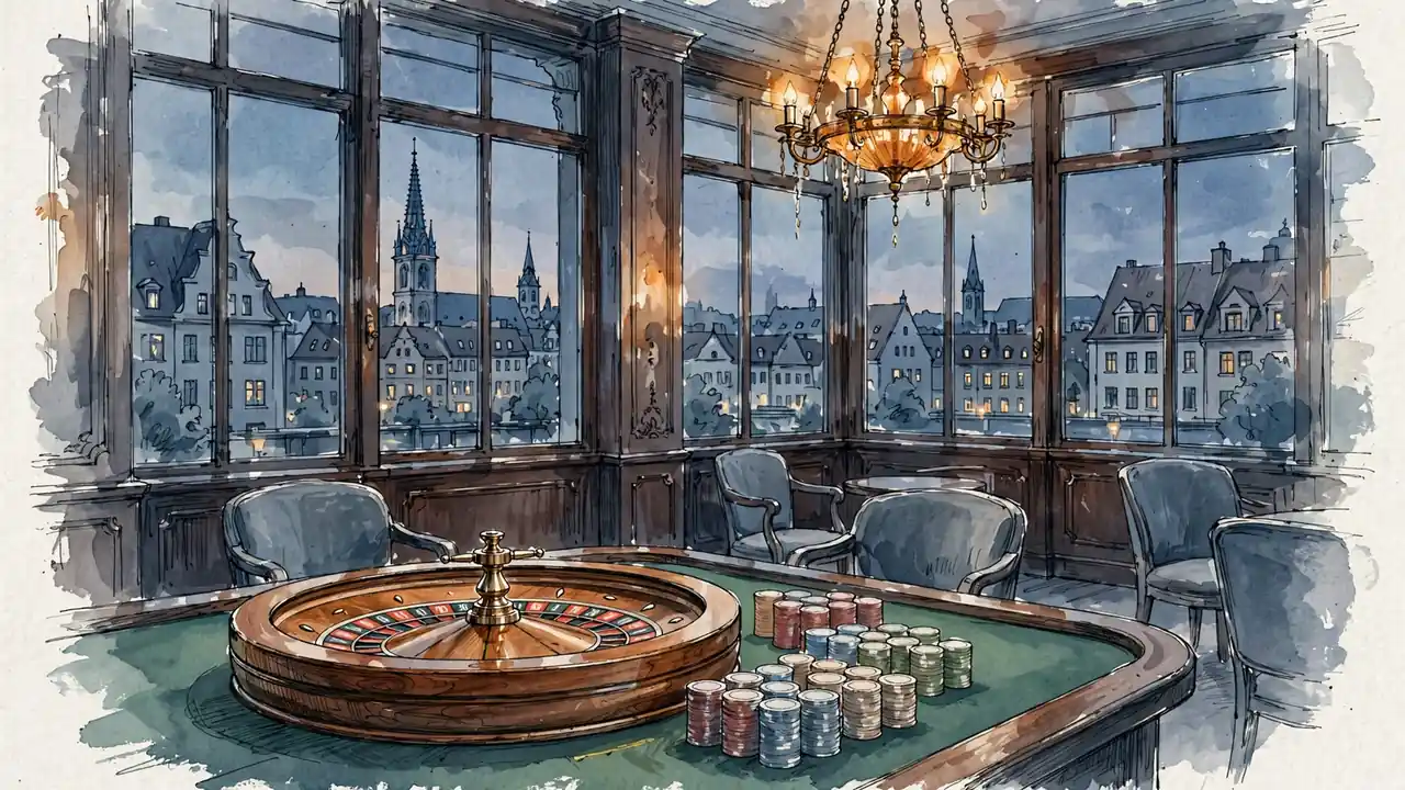 Stilvolle Casino-Lounge mit Roulette-Tisch, gestapelten Spielchips und Blick auf eine deutsche Skyline bei Abenddämmerung.