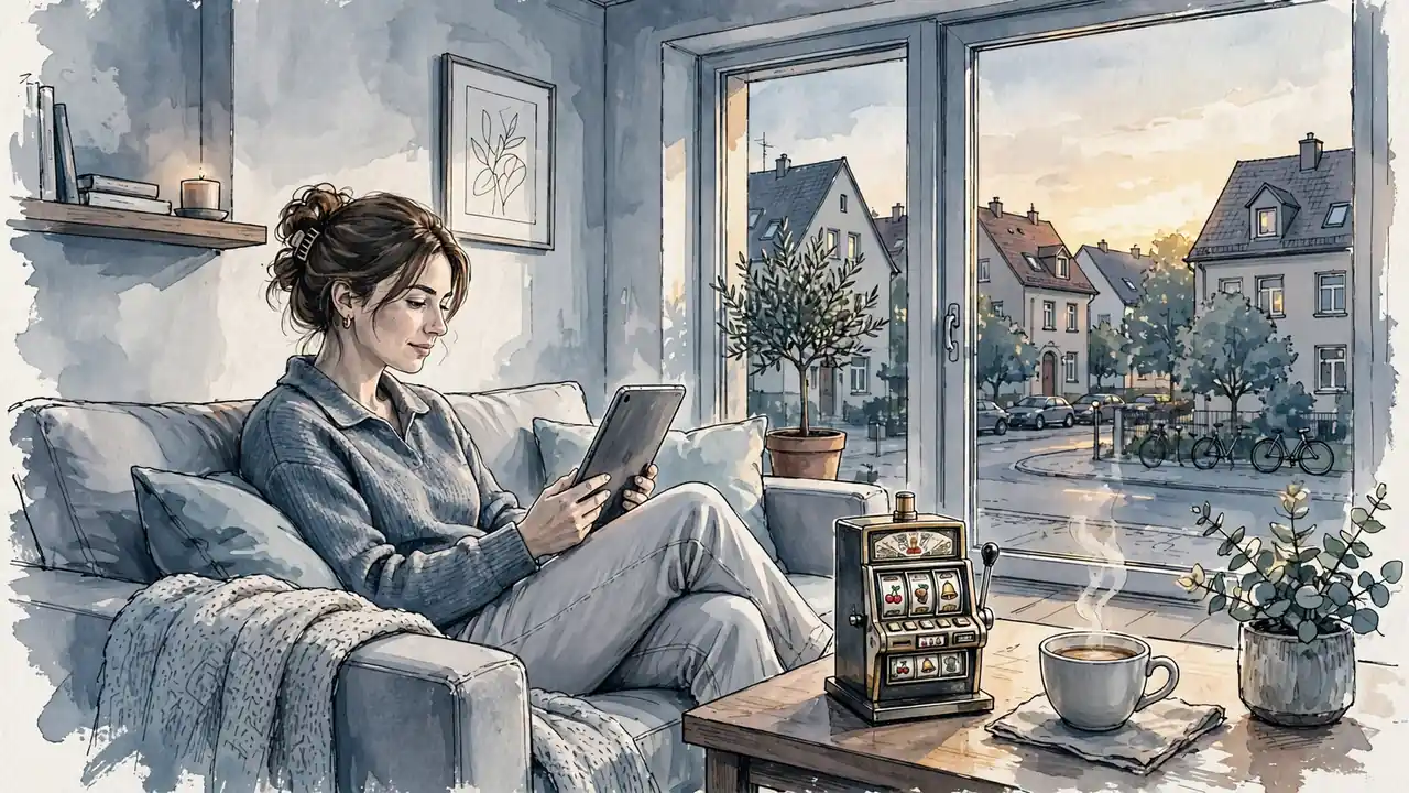 Frau auf Sofa mit Tablet in moderner deutscher Wohnung neben Spielautomat-Figur.