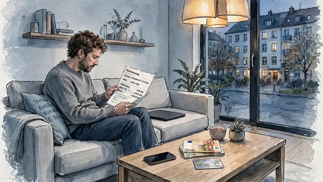 Person prüft Kontoauszug mit EC-Karte und Euro-Scheinen auf dem Couchtisch.