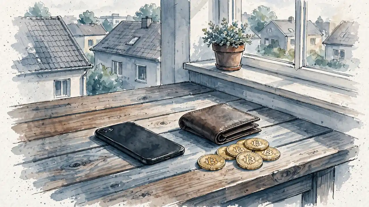 Smartphone und Bitcoin-Münzen auf einem Tisch bei Tageslicht.