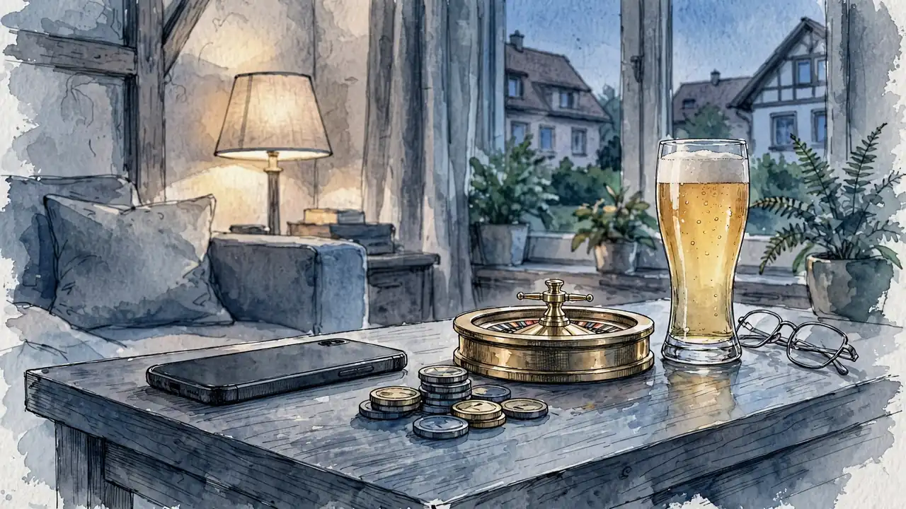 Smartphone neben Spielchips und Roulette in deutschem Wohnzimmer