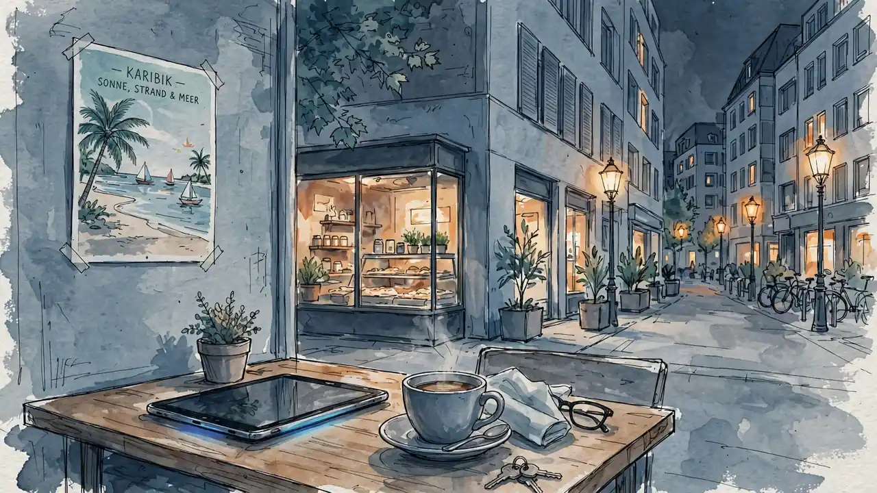 Tablet auf einem Cafétisch in einer deutschen Stadt bei Nacht mit Karibik-Poster im Hintergrund.