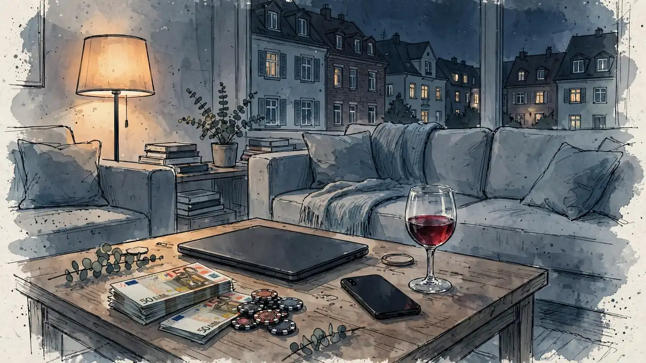 Wohnzimmer bei Nacht mit Laptop, Euro-Scheinen und Spielchips auf dem Tisch
